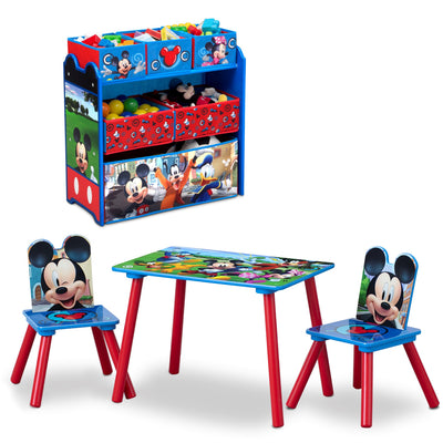 Disney Mickey Mouse 4-Piece Playroom Solution by Delta Children – Set Includes Table and 2 Chairs and 6-Bin Toy Organizer