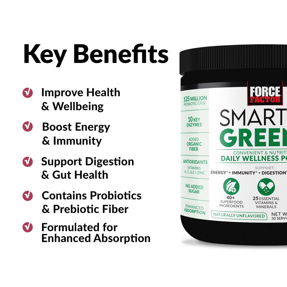 Force Factor Smarter Greens Daily Wellness Greens Powder, Superfood Greens Supplement, 30 Servings