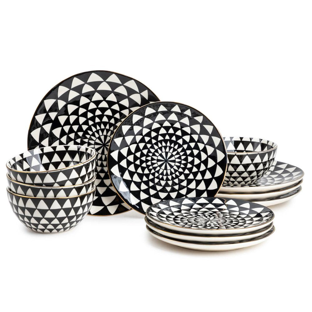 Thyme & Table Dinnerware Black & White Medallion Stoneware, 12 Piece Set