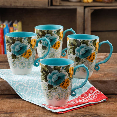 The Pioneer Woman Rose Shadow 4-Piece 26-Ounce Latte Mug Set, Turquoise