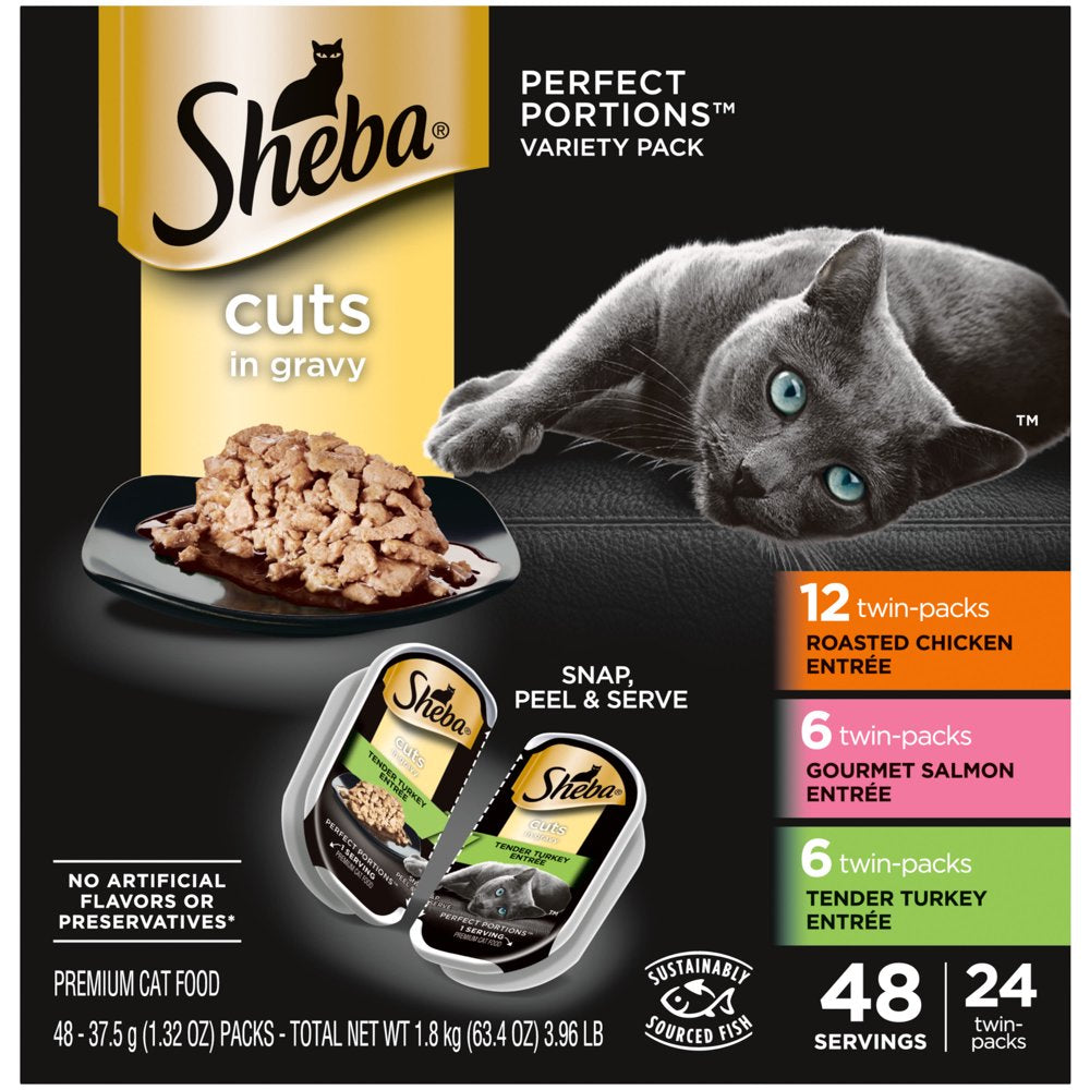 SHEBA Wet Cat Food Cuts in Gravy Variety Pack, Roasted Chicken Entree and Gourmet Salmon Entree and Tender Turkey Entree,2.6 Oz. PERFECT PORTIONS Twin-Pack Trays