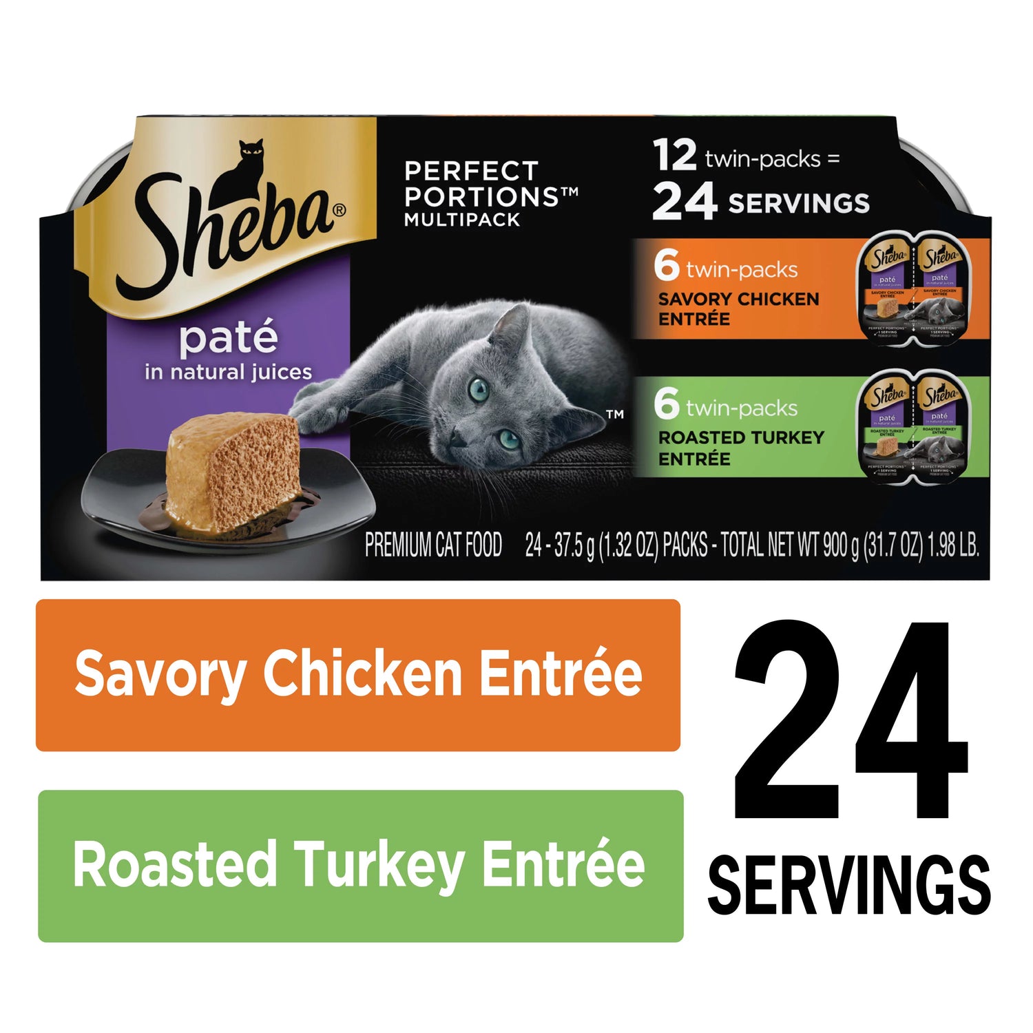 SHEBA Wet Cat Food Pate Variety Pack, Savory Chicken and Roasted Turkey Entrees, 2.6 Oz. PERFECT PORTIONS Twin Pack Trays