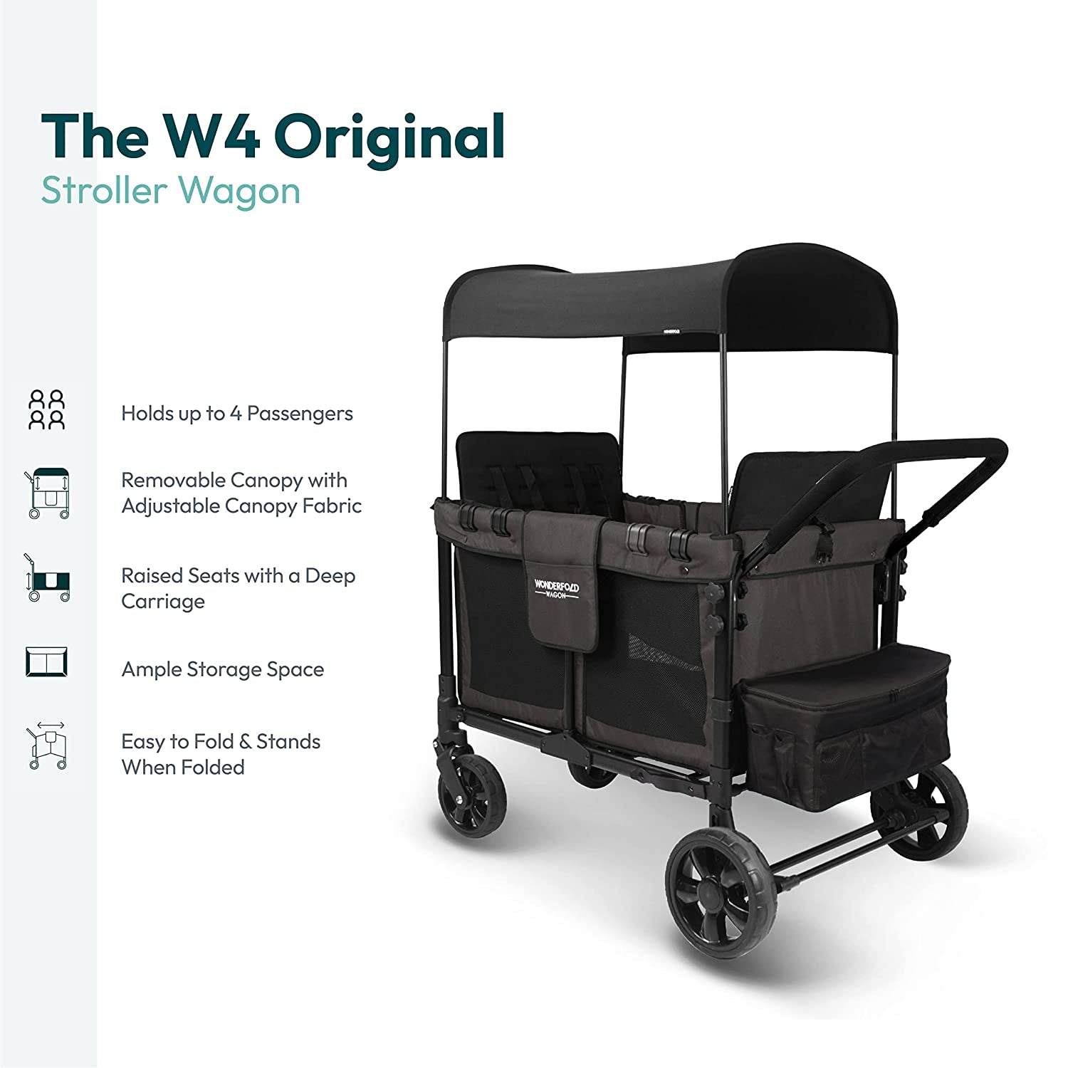 WONDERFOLD W4 Original Quad Stroller Wagon Featuring 4 High Face-To-Face Seats with 5-Point Harnesses, Easy Access Front Zipper Door, and Removable Uv-Protection Canopy, Black