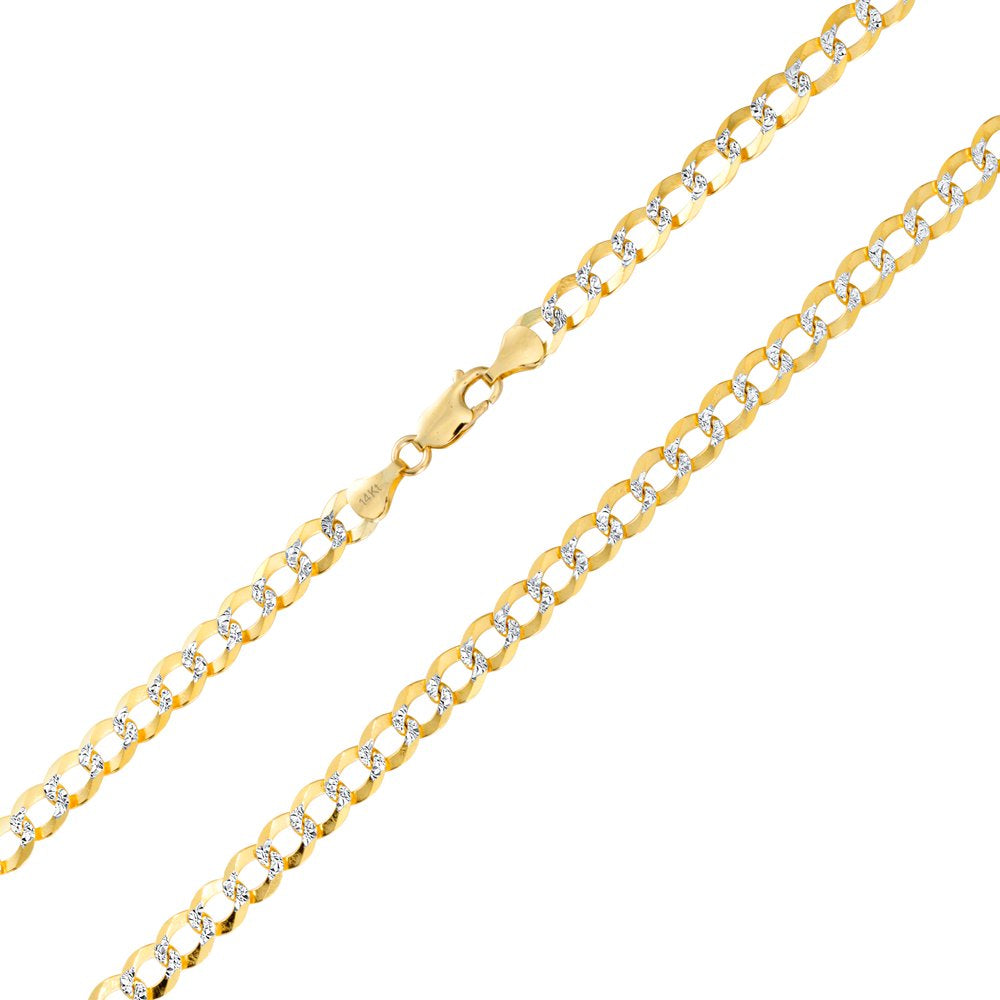 Nuragold 14K Yellow Gold Solid 7Mm Cuban Chain Curb Link Diamond Cut Pave Two Tone Bracelet, Mens Jewelry Lobster Clasp 7" 7.5" 8" 8.5" 9"