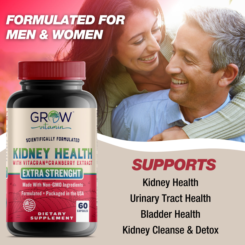 Kidney Health Support Supplement by Grow Vitamin (Kidney Cleanse Supplement) Supports Urinary Tract and Bladder Health, Organic Cranberry Extract, Astragalus and Uva Ursi Leaf - 60 Caps