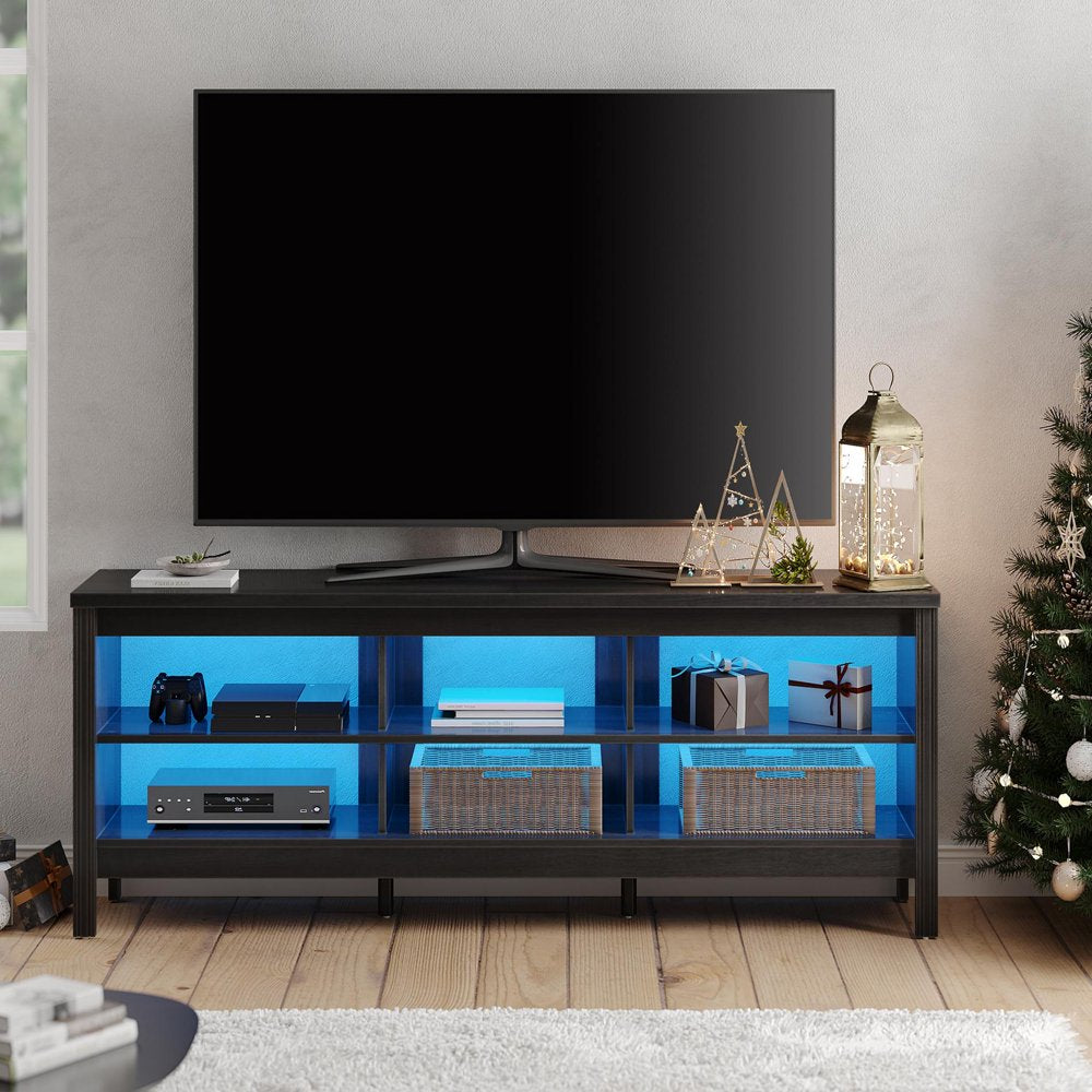 LED TV Stand for 75 Inch TV Entertainment Center Black TV Console Table with 6 Storages for Living Room Bedroom, 70"