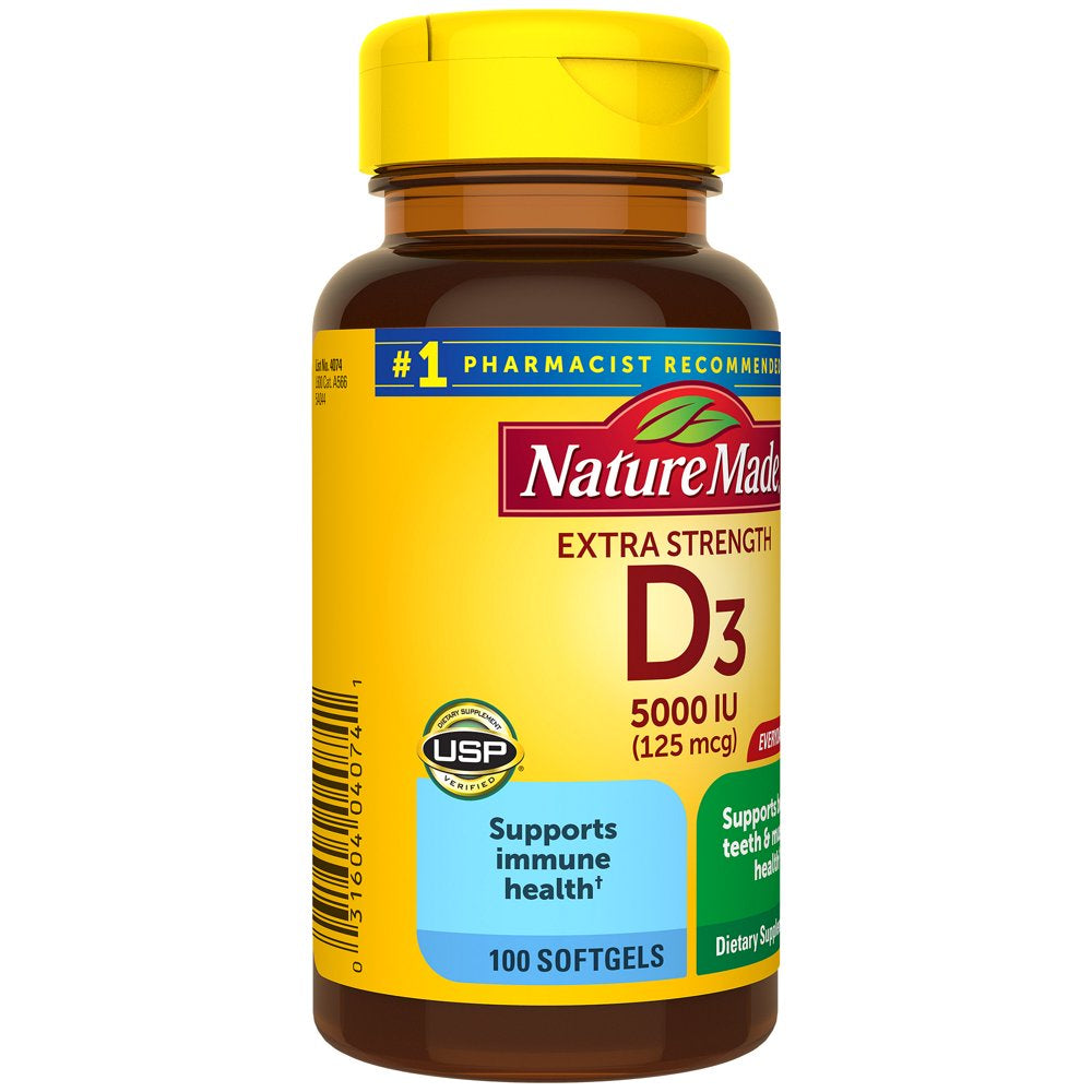 Nature Made Extra Strength Vitamin D3 5000 IU (125 Mcg) Softgels, Dietary Supplement for Bone and Immune Health Support, 100 Count