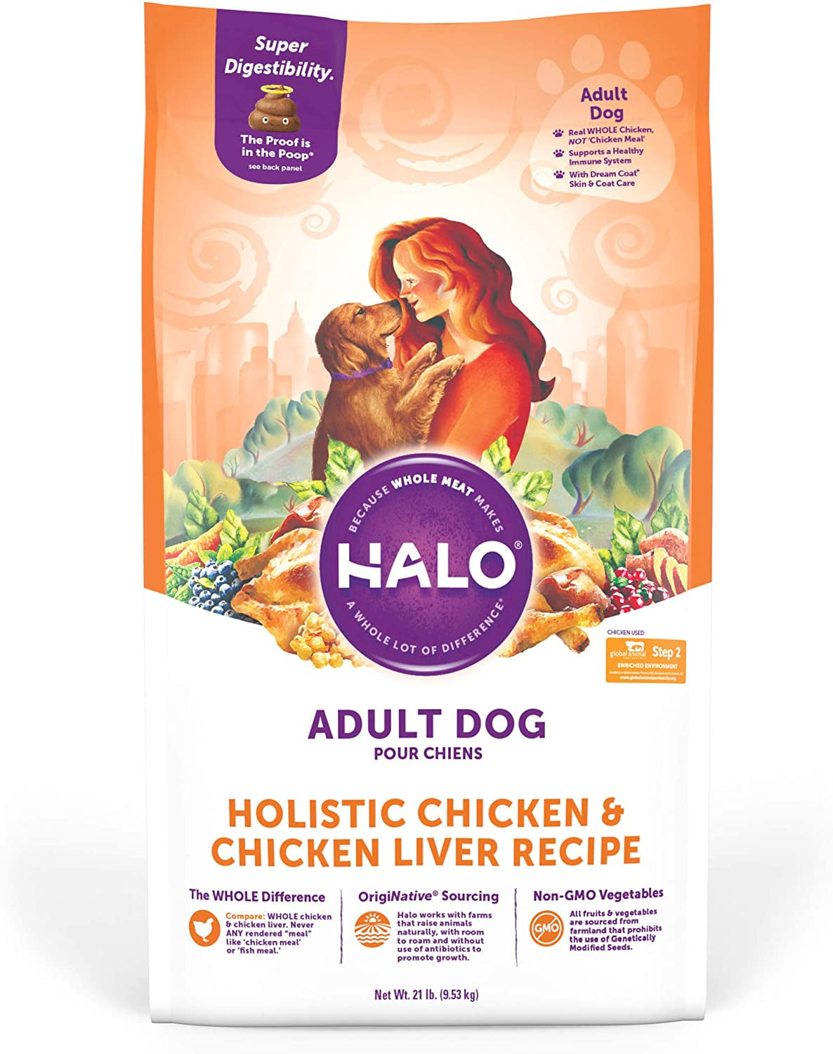 Halo Holistic Dog Food, Chicken & Chicken Liver Recipe, Dry Dog Food Bag, Adult Formula, 21-Lb Bag