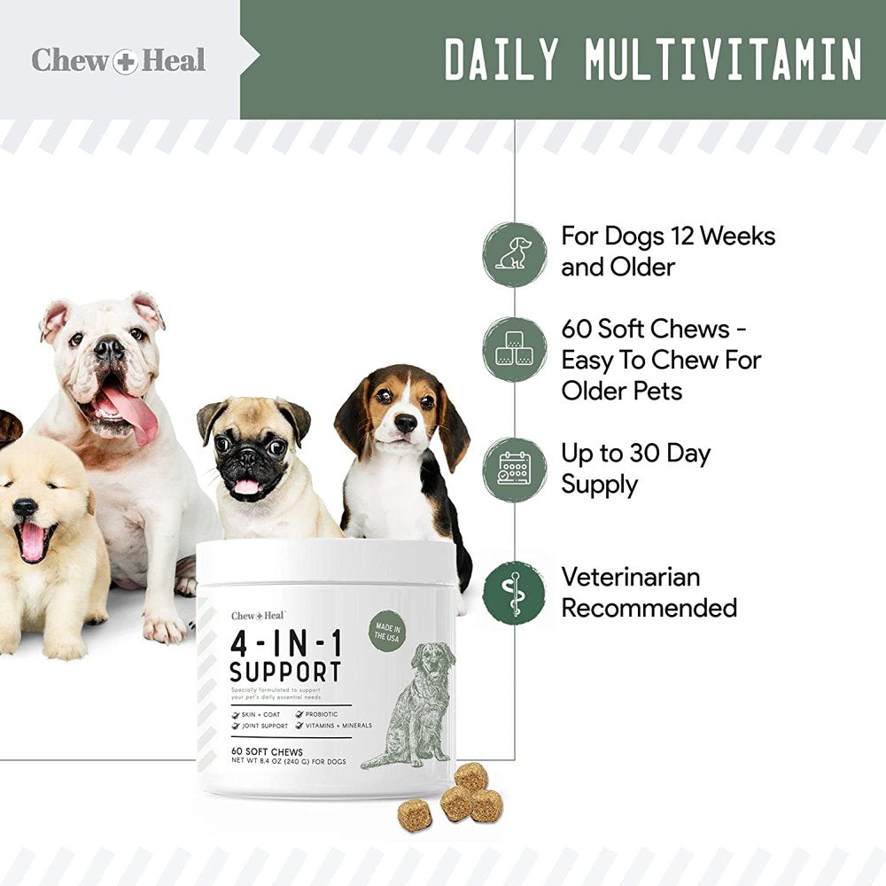 Chew + Heal All in 1 Dog Vitamin - 60 Soft Chew Treats for Dogs - Chewable Multivitamin with Probiotics, Digestive Enzymes, for Skin, Hip and Joint Support - with Omega, Calcium - Made in the USA