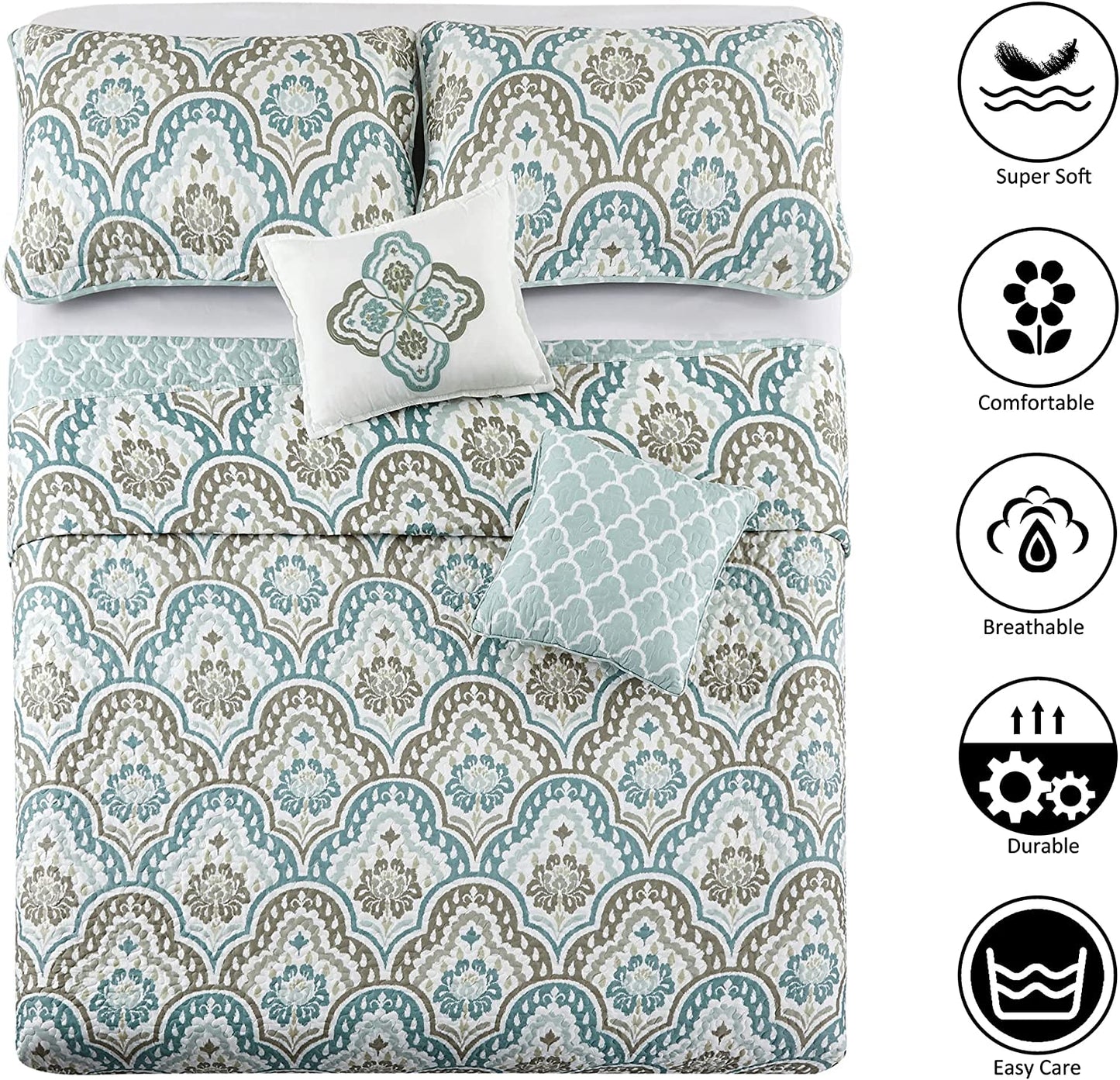 Home Soft Things Tivoli Ikat Queen Size 90" X 90" 5 Piece Teal Aqua Printed Prewashed Quilted Coverlet Bedspread Bed Cover Set for All Season, Lightweight Quilt Blanket with Matching Shams Pillows