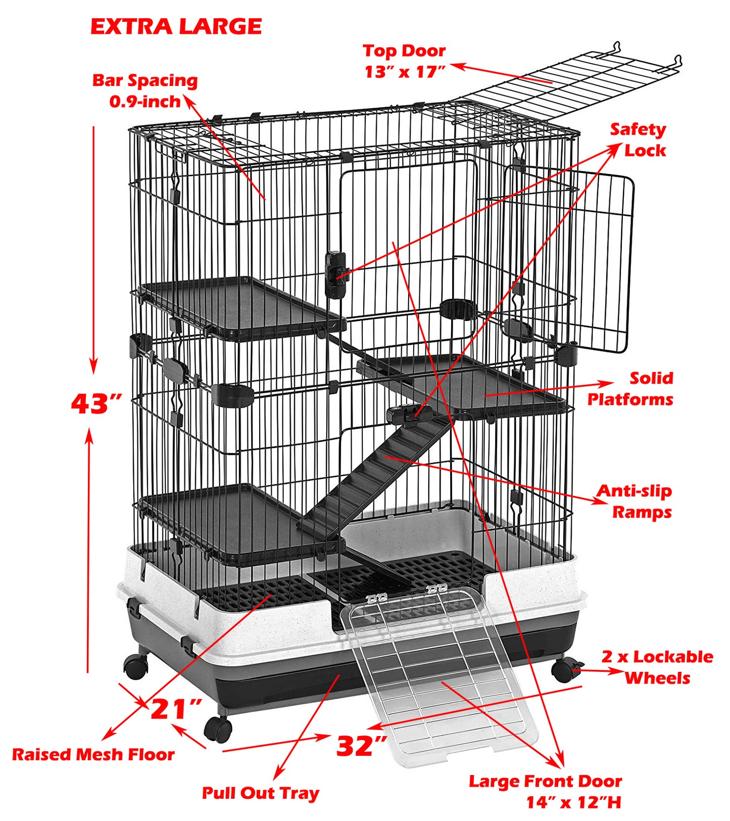 Large Deluxe 43” 4-Story Indoor Outdoor Rabbit Bunny Guinea Pig Hutch Chinchilla Ferret Hedgehog Home Small Animal Critter Cage Slide Out Tray with Rolling Wheels