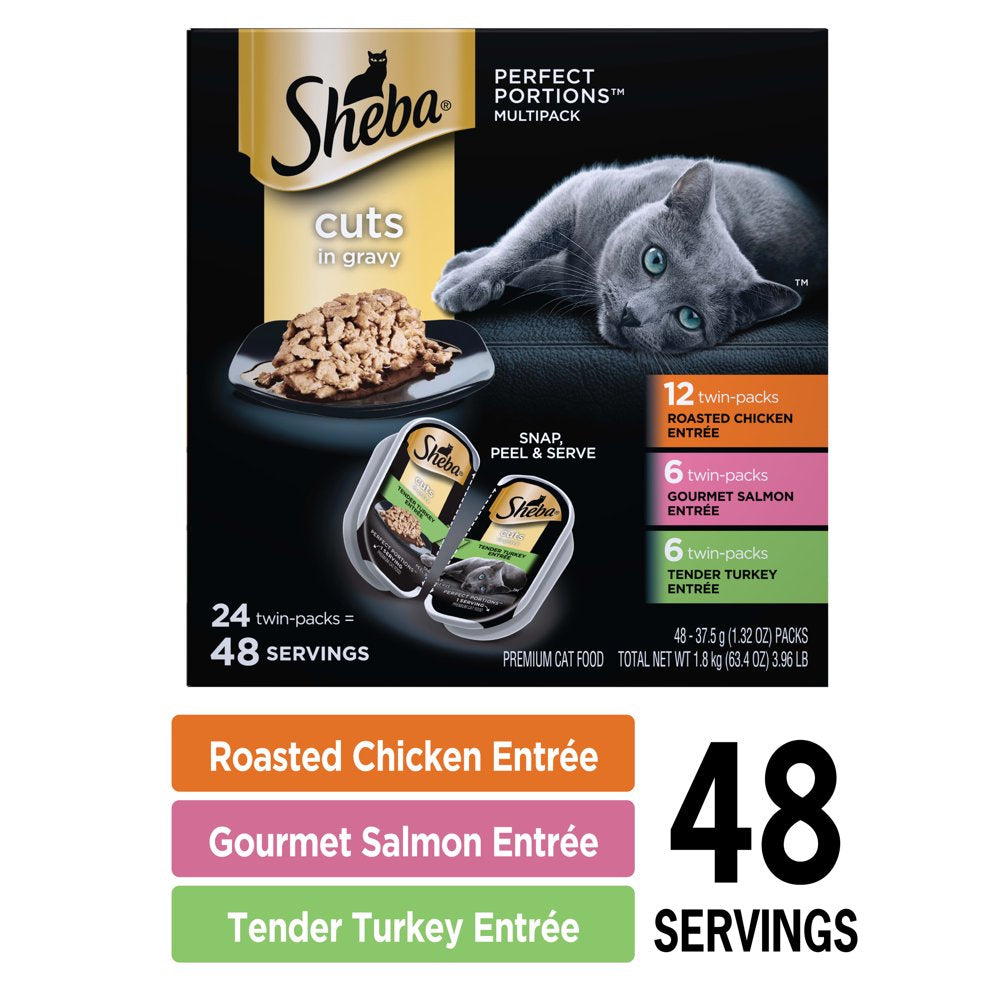 SHEBA Wet Cat Food Cuts in Gravy Variety Pack, Roasted Chicken Entree and Gourmet Salmon Entree and Tender Turkey Entree,2.6 Oz. PERFECT PORTIONS Twin-Pack Trays