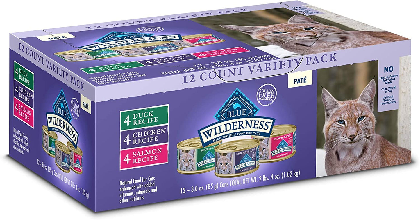 Blue Buffalo Wilderness High Protein, Natural Adult Pate Wet Cat Food Variety Pack, Chicken, Salmon, Duck 3-Oz Cans (12 Count- 4 of Each Flavor)
