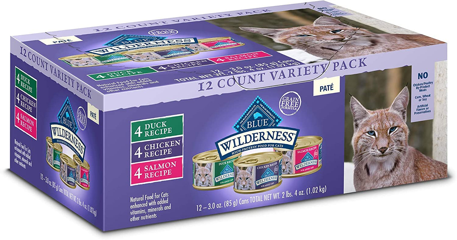 Blue Buffalo Wilderness High Protein, Natural Adult Pate Wet Cat Food Variety Pack, Chicken, Salmon, Duck 3-Oz Cans (12 Count- 4 of Each Flavor)