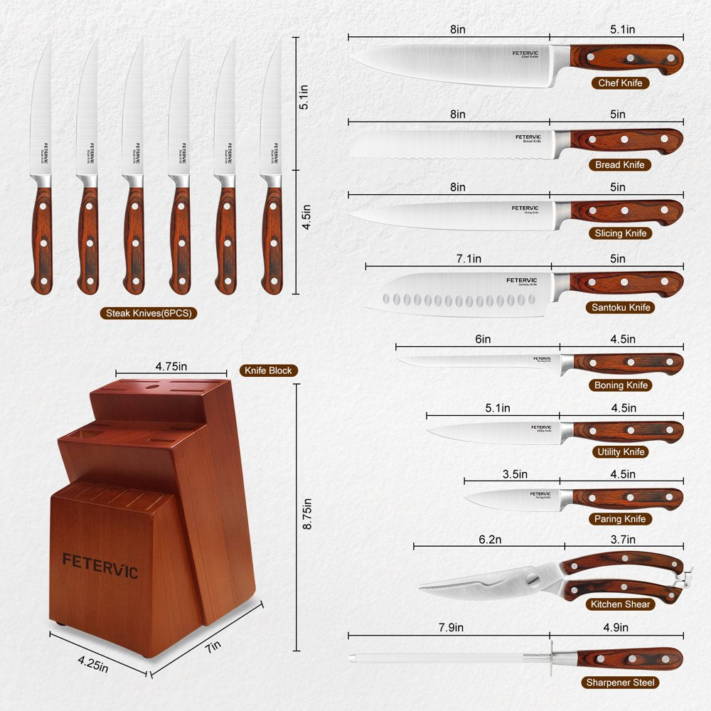 FETERVIC Knife Block Set, 16 Pieces Kitchen Knife Set with Block, Stainless Steel Knife Set for Best Gift, Home