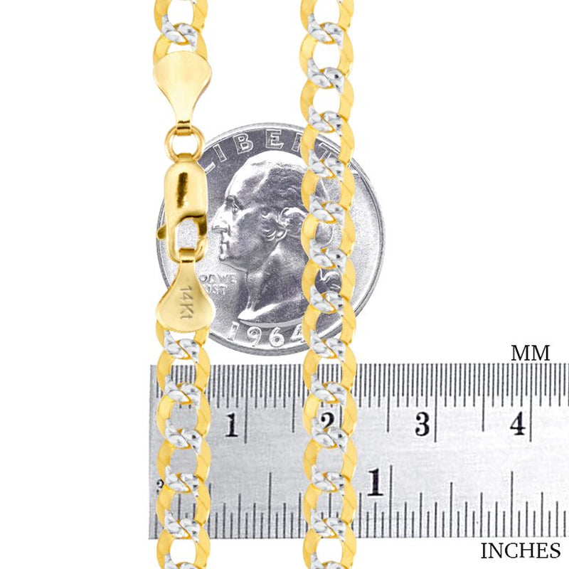 Nuragold 14K Yellow Gold Solid 7Mm Cuban Chain Curb Link Diamond Cut Pave Two Tone Bracelet, Mens Jewelry Lobster Clasp 7" 7.5" 8" 8.5" 9"