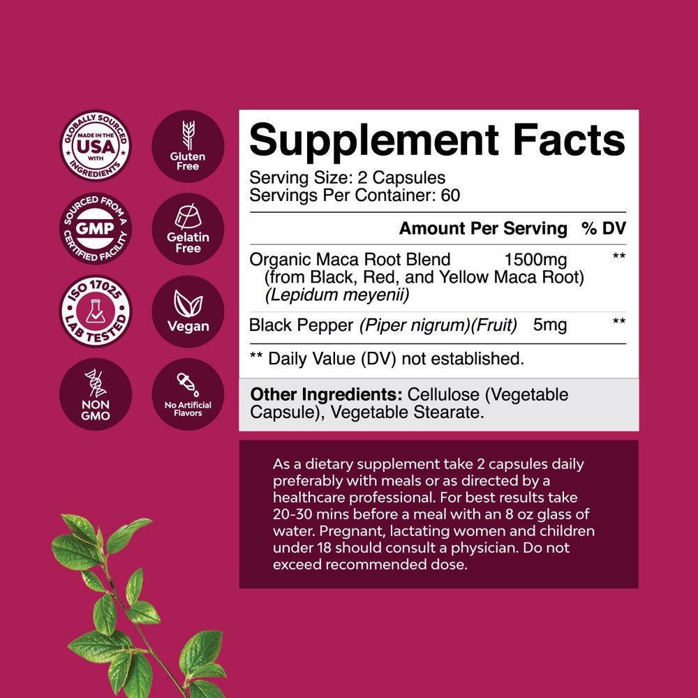 Organic Maca Root Capsules for Women - Herbal Hormone Balance for Women with Blend of Red Yellow & Black Maca Root - Invigorating Drive Mood Fertility & Energy Supplement for Women - 120 Capsules