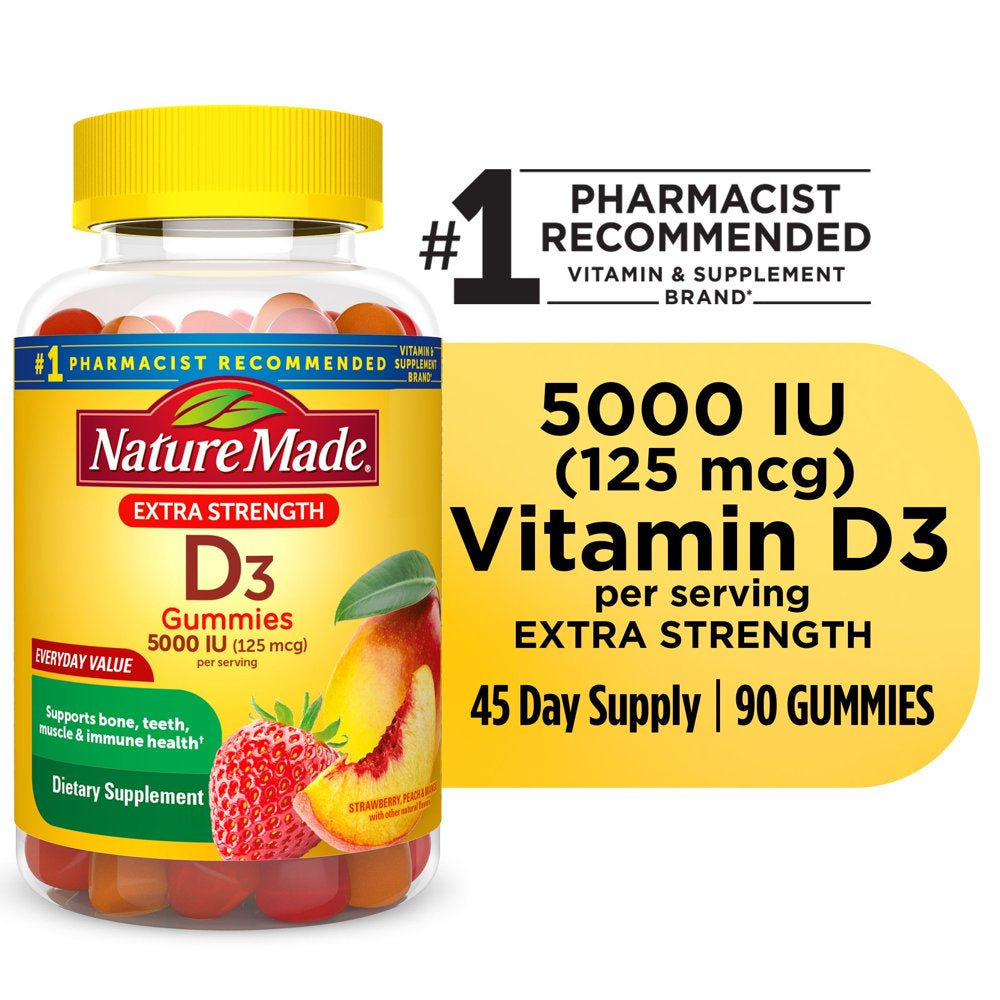 Nature Made Extra Strength Vitamin D3 5000 IU (125 Mcg) per Serving Gummies, Dietary Supplement, 90 Count