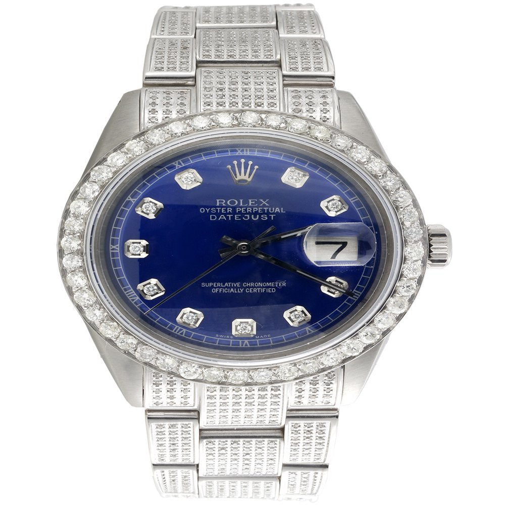 Mens Rolex 36Mm Datejust Diamond Watch Fully Iced Band Custom Blue Dial 5.10 CT.