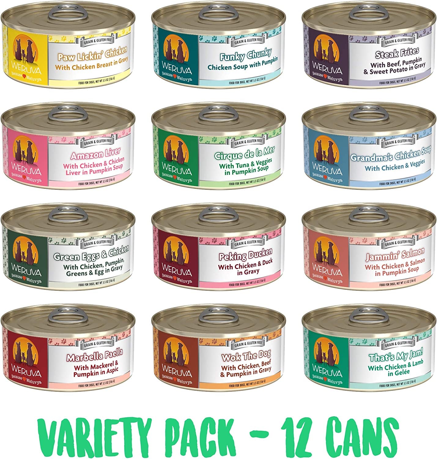 Weruva Grain Free Canned Dog Food Variety Pack, 5.5 Oz Each, 12 Flavor