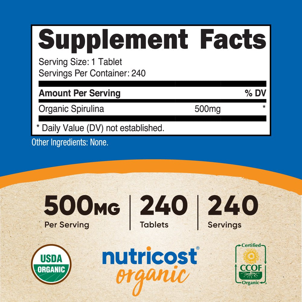 Nutricost Organic Spirulina 500Mg, 240 Tablets - Gluten Free, Non-Gmo, Supplement