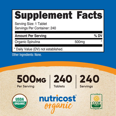 Nutricost Organic Spirulina 500Mg, 240 Tablets - Gluten Free, Non-Gmo, Supplement