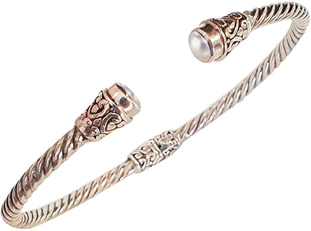 Pearl Gemstone Real 925 Sterling Silver Ethnic Tribal Gypsy Bohemian Design Engraving Cuff Bracelet for Women, Handmade Fashion Designer Bangle Bracelet, Party Boho Jewelry