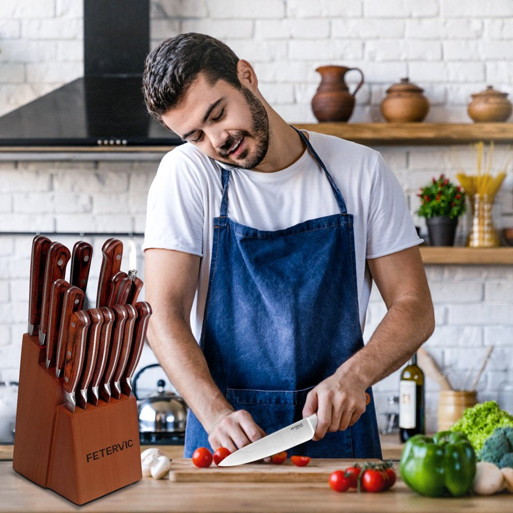 FETERVIC Knife Block Set, 16 Pieces Kitchen Knife Set with Block, Stainless Steel Knife Set for Best Gift, Home