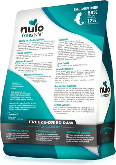 Nulo Freeze Dried Raw Dog Food for All Ages & Breeds: Natural Grain Free Formula with Ganedenbc30 Probiotics for Digestive & Immune Health - Salmon & Turkey with Strawberries - 13 Oz Bag