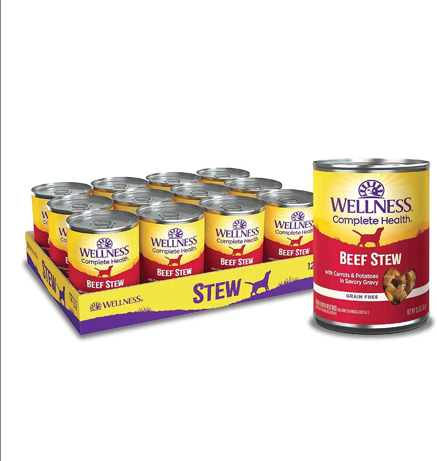 Wellness Thick & Chunky Natural Grain Free Canned Dog Food, Beef Stew, 12.5-Ounce Can (Pack of 12)